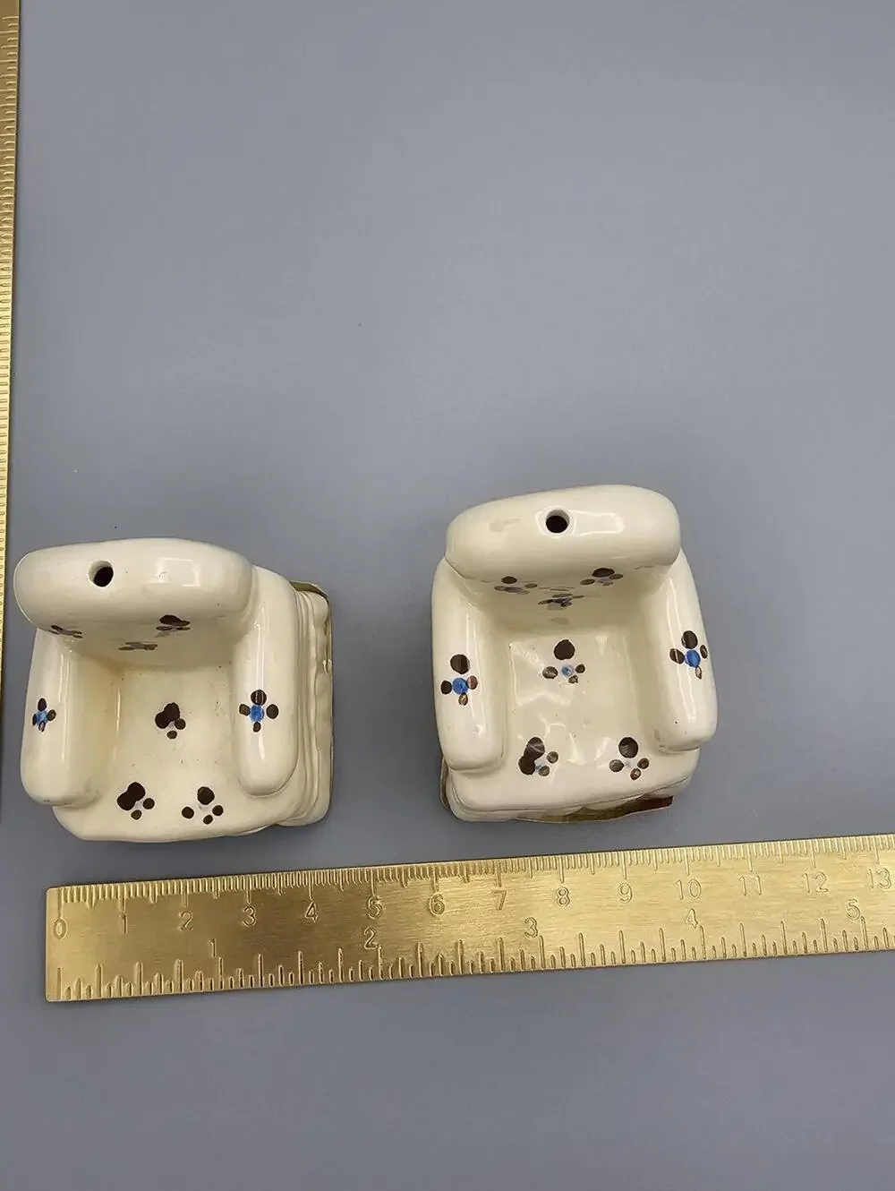 Pair of Ceramic Armchair Salt and Pepper Shakers with Floral Dot Design